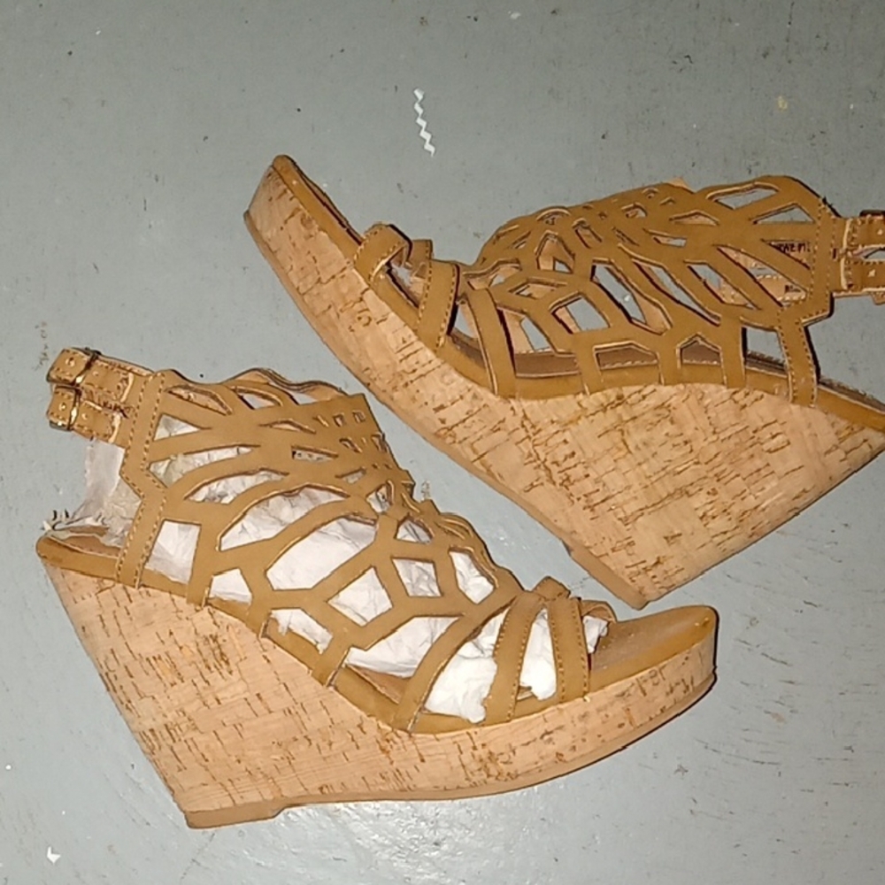 Tan Cut-Out Platform Wedge Sandals with Cork Heel Bohemian Beachy Casual Wedge - Picture 4 of 16